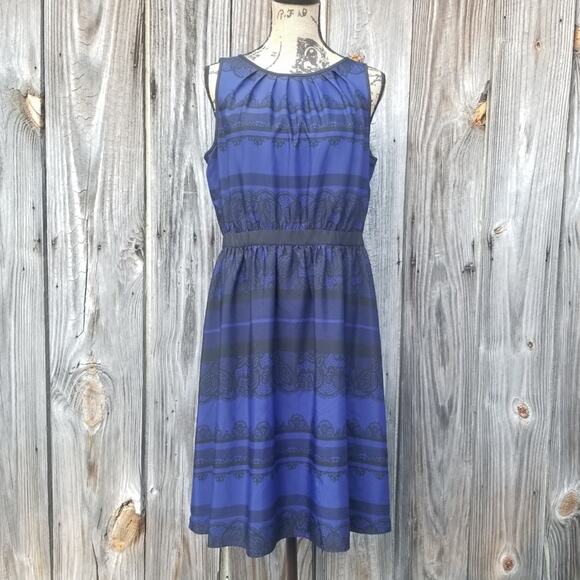 Lace Print Dress LOFT Size 10 Ann Taylor Blue Black Damask Stripe Sleeveless - Picture 1 of 8
